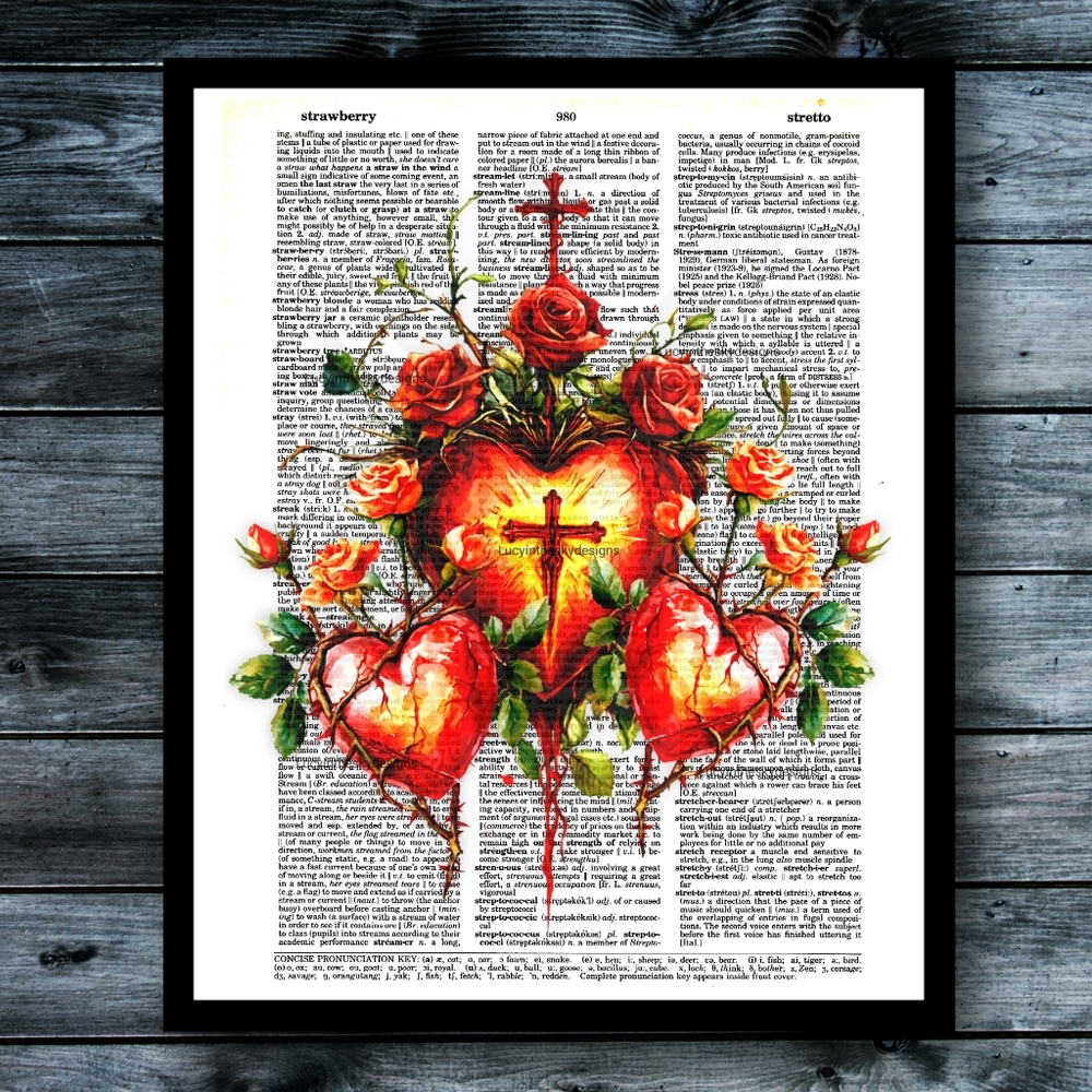 Sacred Heart Vintage Spiritual Art Print on Vintage Dictionary Book Page…
